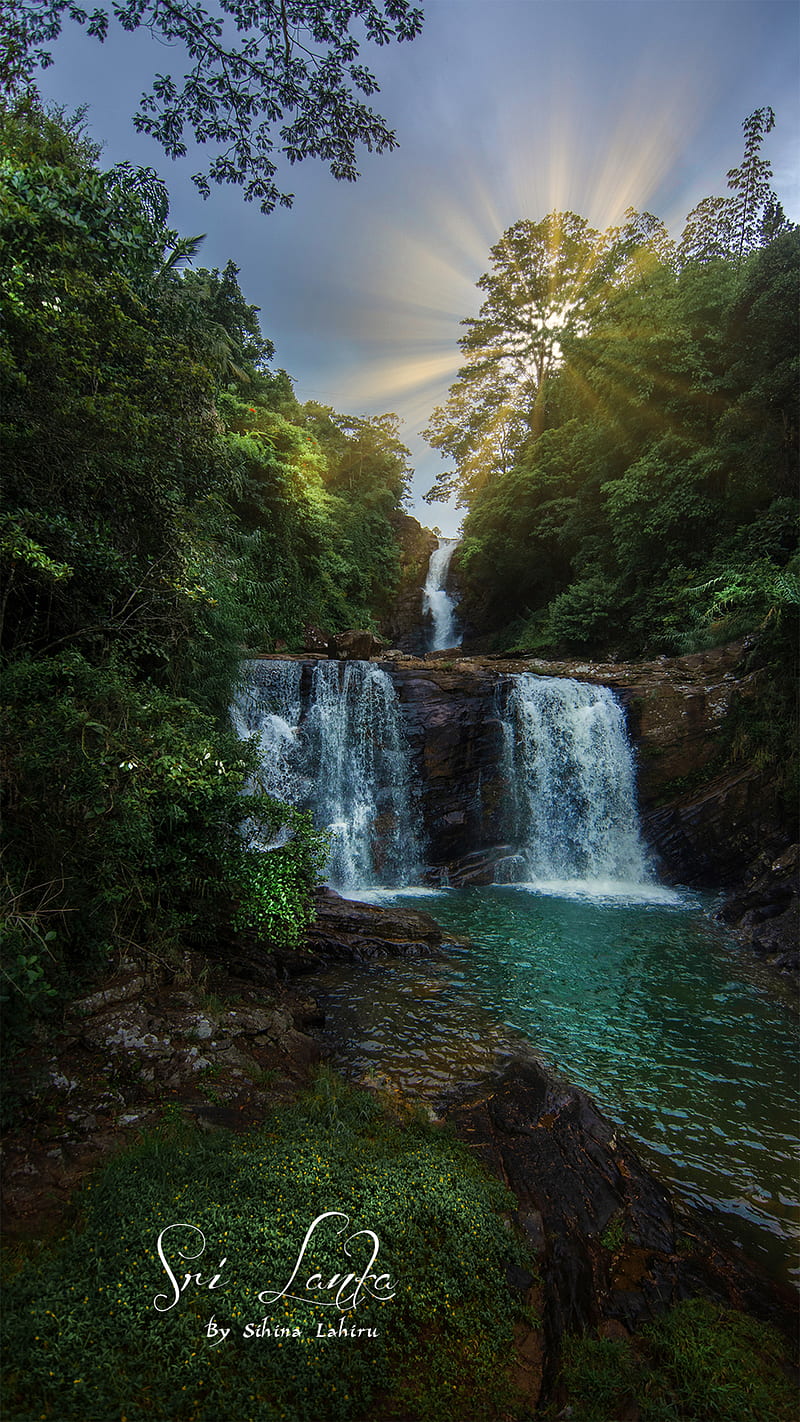 Kadiyanlena waterfall, Sihina, adventure, beautifully, greeny, morning, mountain, rock, srilanka, sunlight, travel, water, wonderful, HD phone wallpaper