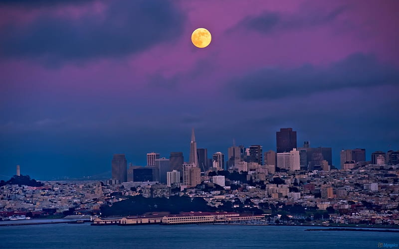 Moon over San Francisco, moon, cityscapes, nature, evening, sky, HD wallpaper