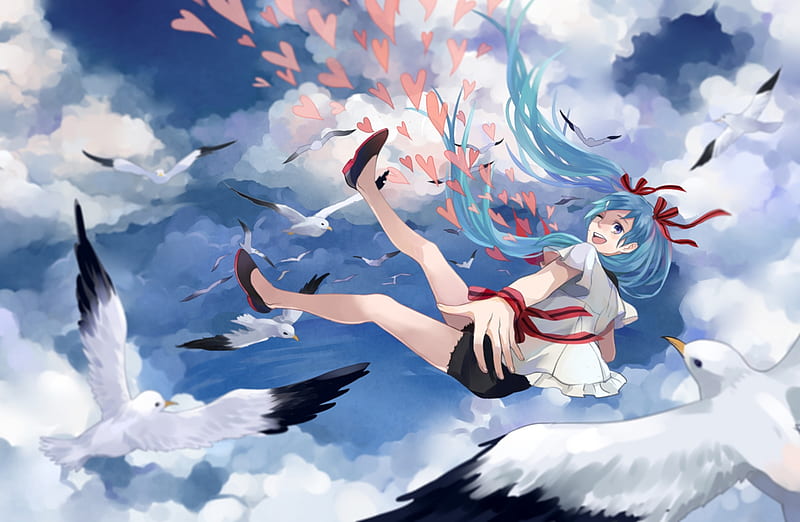 Sky vocaloid animal bird sunshine anime girl fly wallpaper, 1440x904, 568475
