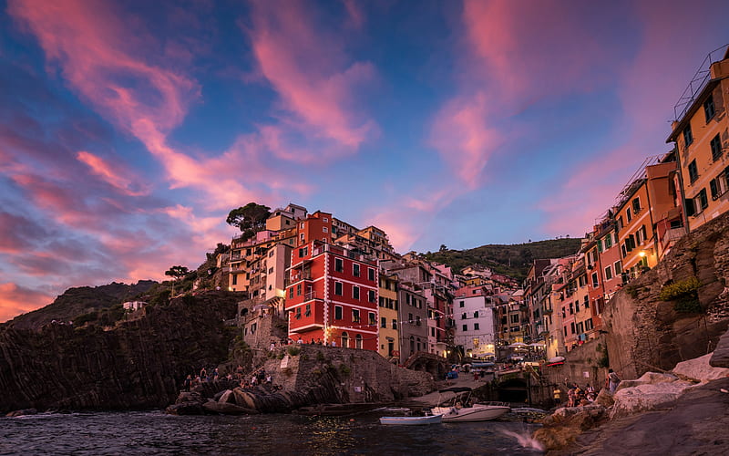 Riomaggiore, Italy, coast, sunset, evening, Mediterranean Sea, beautiful city, HD wallpaper