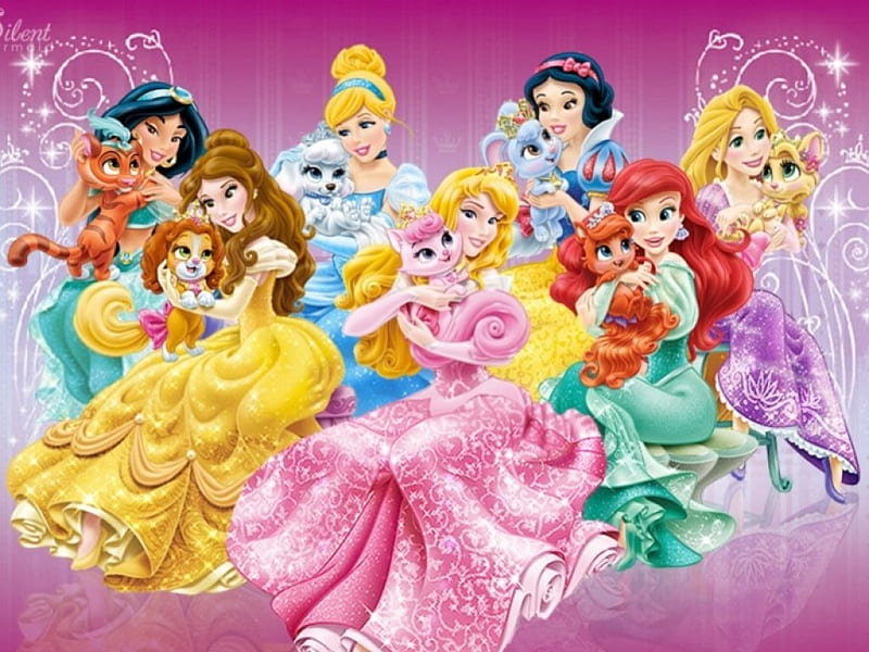 Disney princesses, red, snow white, yellow, tiger, animal, fantasy, green, pink, disney, dog, puppy, rapunzel, owl, aurora, belle, cat, cinderella, jasmine, cute, palace pets, girl, ariel, princess, HD wallpaper
