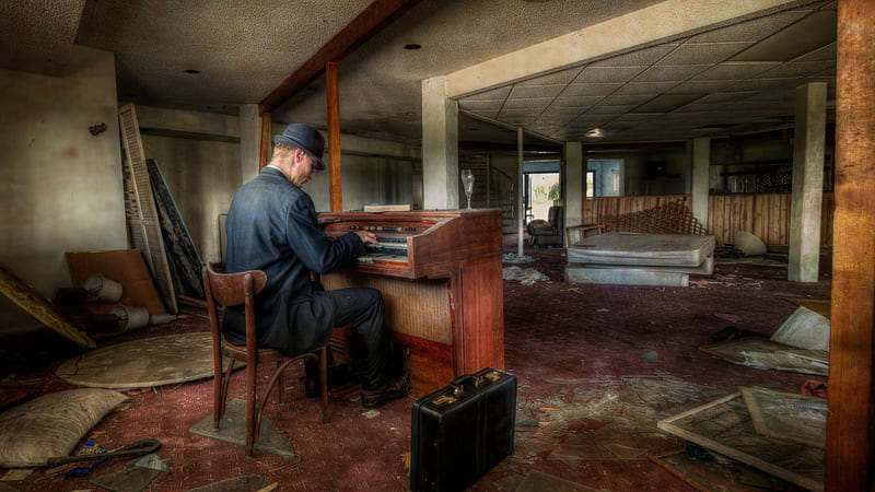 playing an organ in a decrepit living room r, house, businessman, r, room, organ, decrepit, HD wallpaper