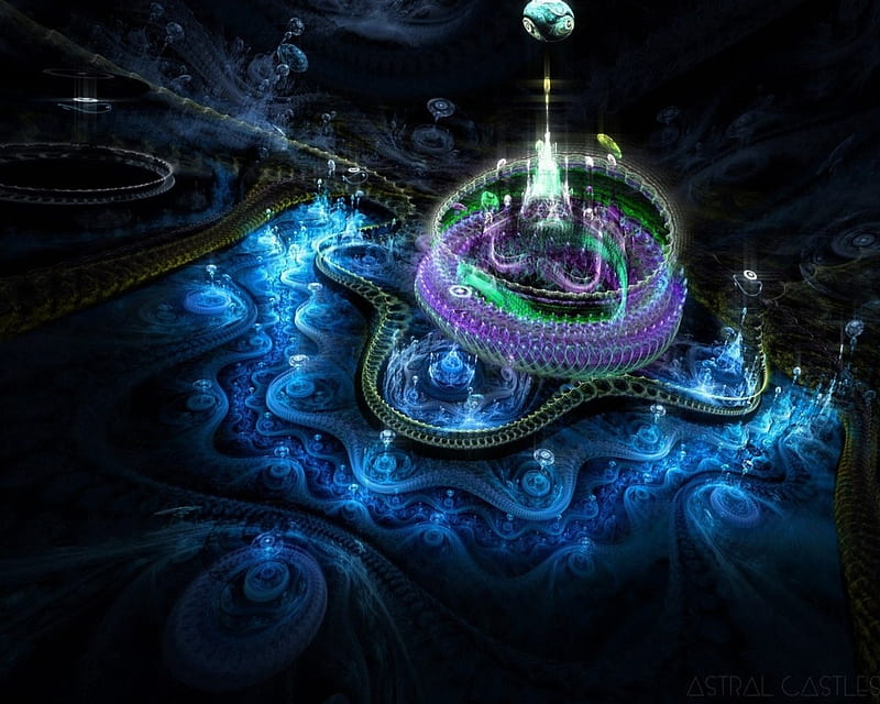 Astral castle, fantasy, purple, luminos, astral castles, fractal, black, abstract, blue, HD wallpaper