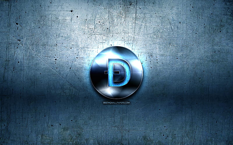 Dogecoin metal logo, grunge, cryptocurrency, blue metal background, Dogecoin, creative, Dogecoin logo, HD wallpaper