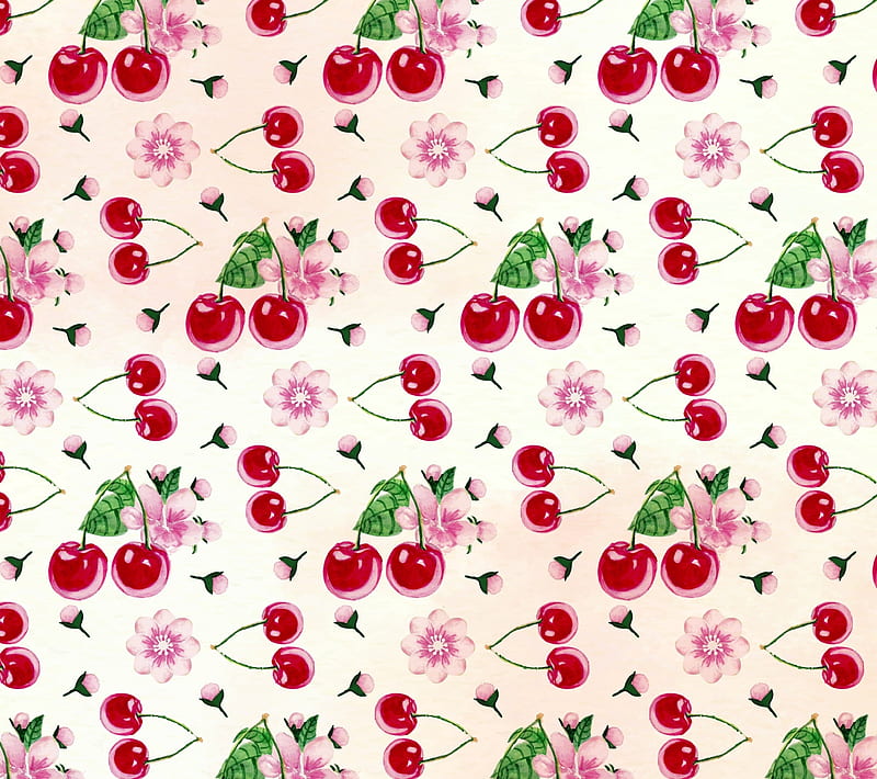 Texture, pattern, red, fruit, green, flower, paper, pink, cherry, HD wallpaper