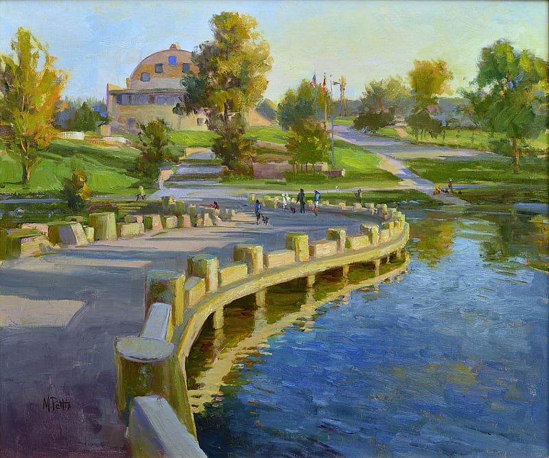 Late Day Shadows and a Sweep of Light, water, mary pettis, pictura, art, bridge, painting, HD wallpaper