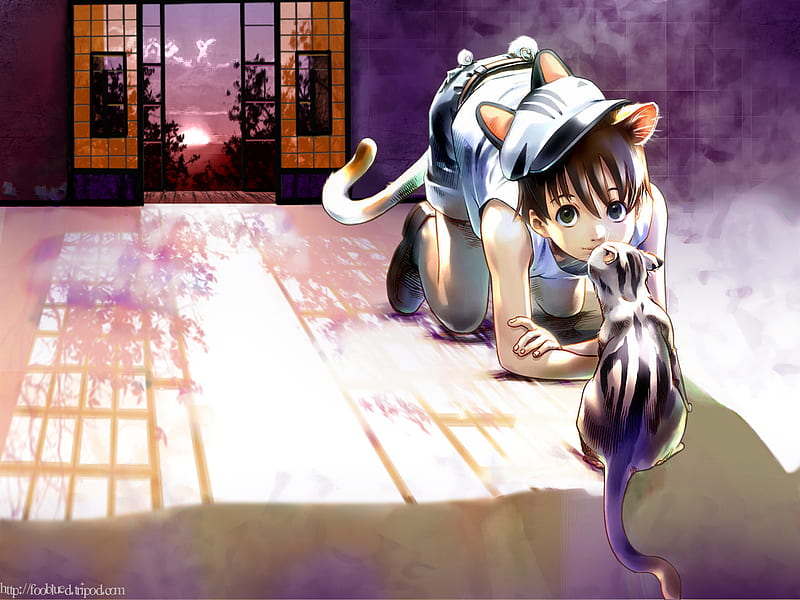 Anime neko boy, cute, boy, cat, kiss, HD wallpaper