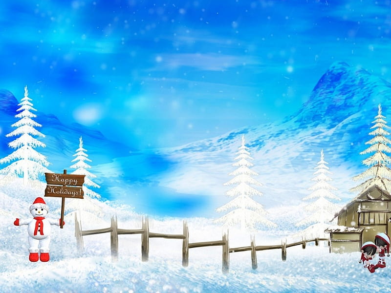 HAPPY HOLIDAYS, holidays, christmas, trees, sky, winter, snow, mountains, whte, blue, HD wallpaper