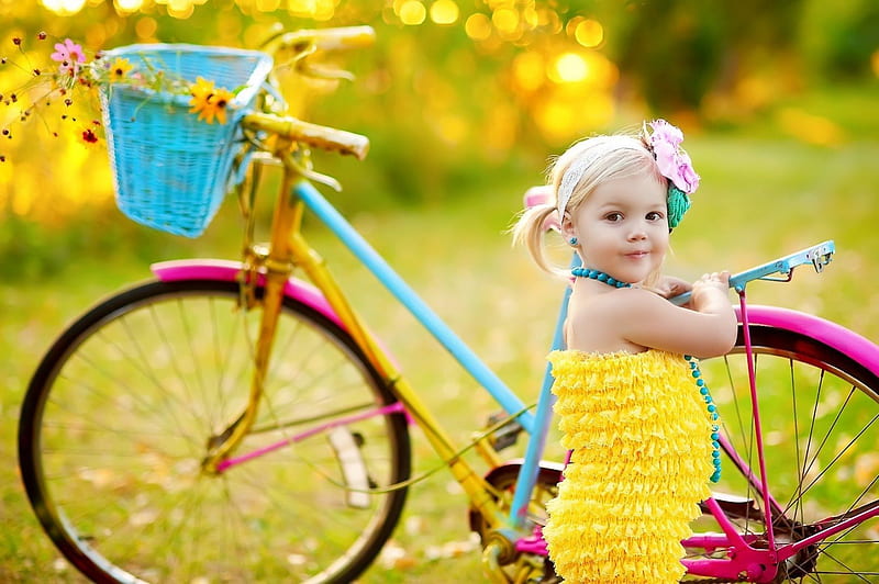 Cute Girl, bicycle, yellow, smile, happy, sweet, cute, graphy, girl, nature, child, HD wallpaper