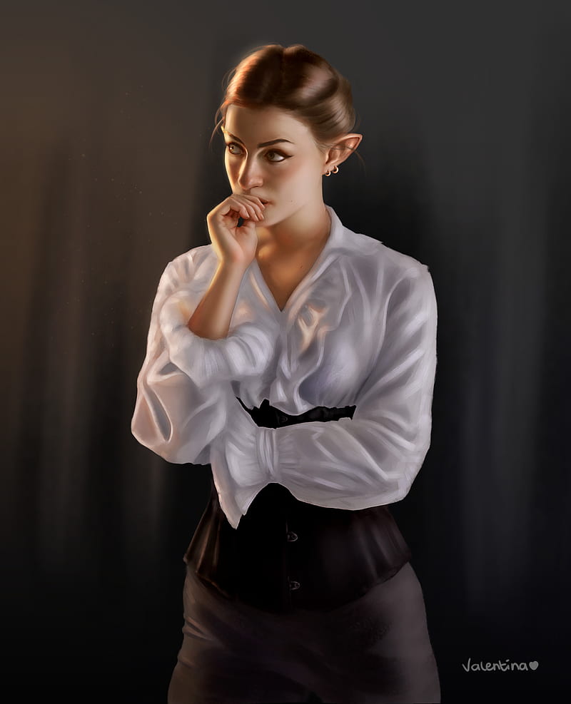 Valentina Tavolilla, fan art, portrait display, digital art, white clothing, white shirt, dress, elves, earring, pointed ears, yellow eyes, brown eyes, looking away, looking at the side, elf ears, caressing, thick eyebrows, artwork, touching face, digital painting, women, simple background, hair , brunette, black clothing, Black clothes, ArtStation, HD phone wallpaper