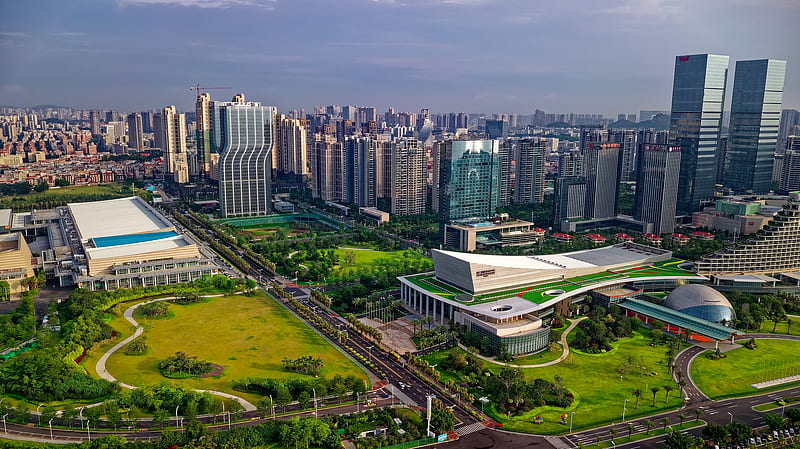 china xiamen, skyscrapers, stadium, green, modern architecture, drone view, City, HD wallpaper