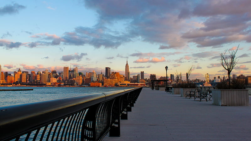 New York City - Water Sunset, architecture, nature, new york city, sunset, hudson river, HD wallpaper