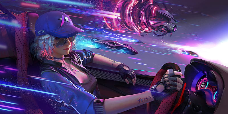 Ace Race, luminos, girl, car, pink, blue, scott shi, frumusete, superb,  fantasy, HD wallpaper | Peakpx