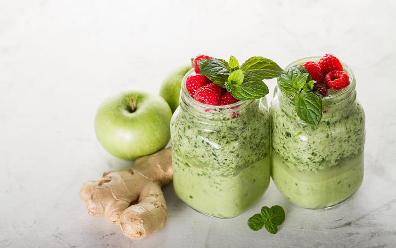 Smoothies, healthy food, apples, mint, ginger, apple green smoothies, diet concepts, HD wallpaper
