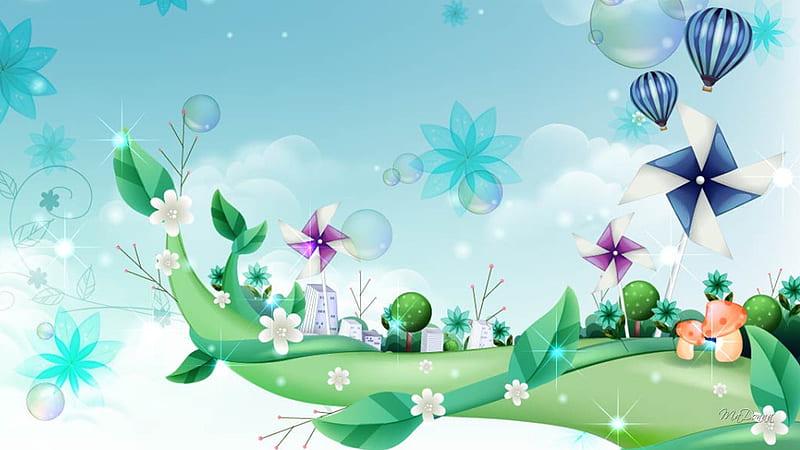 Fairyland Fantasy, toadstools, fantasy, wind wheels, balloons, flowers, fairies, mushrooms, Firefox Persona theme, HD wallpaper