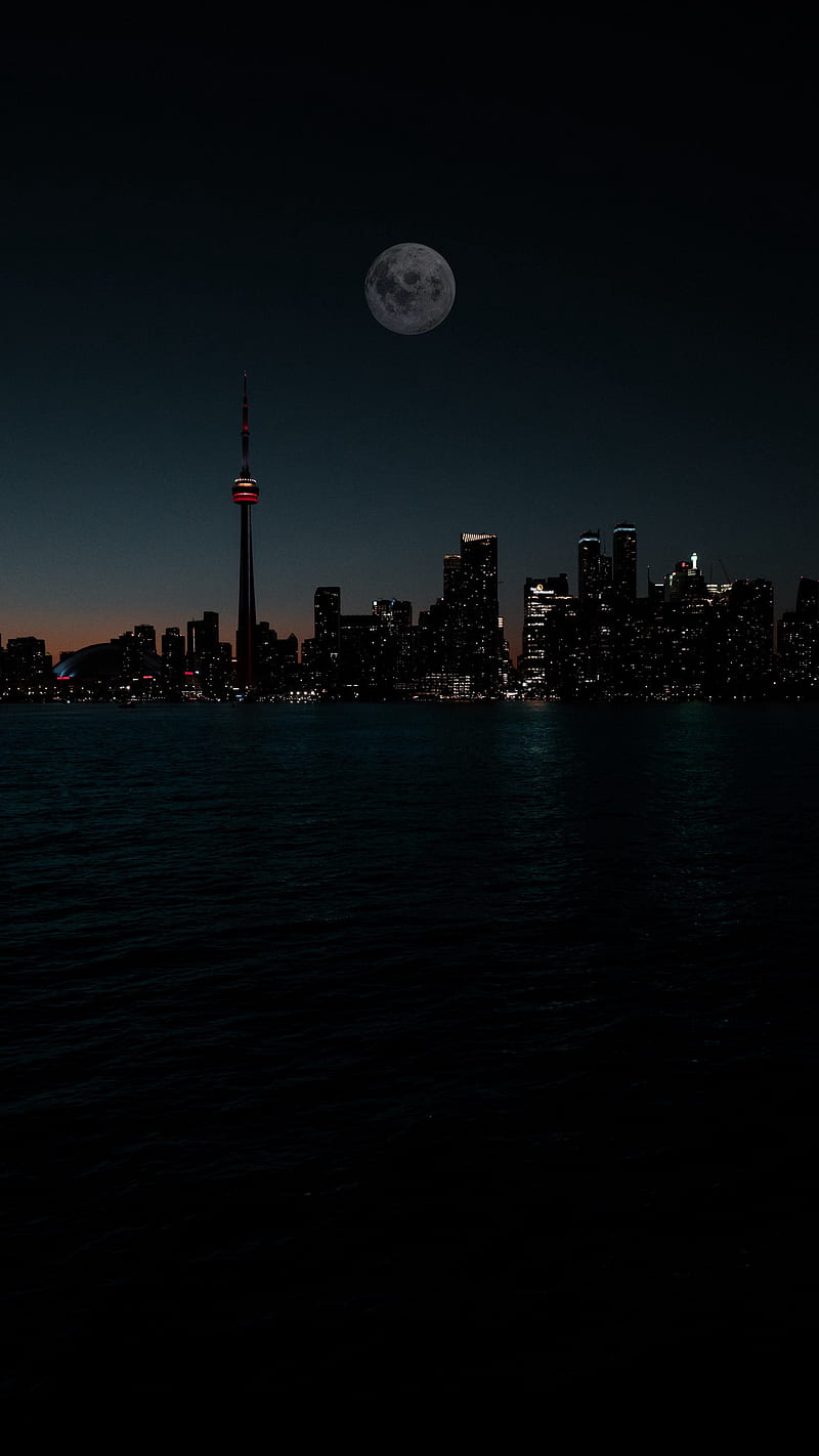 Dark Night , water, buildings, moon, city, HD phone wallpaper