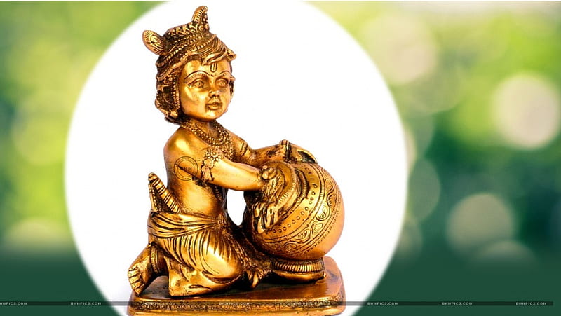 Brass Lord Krishna Statue Green Boke, HD wallpaper