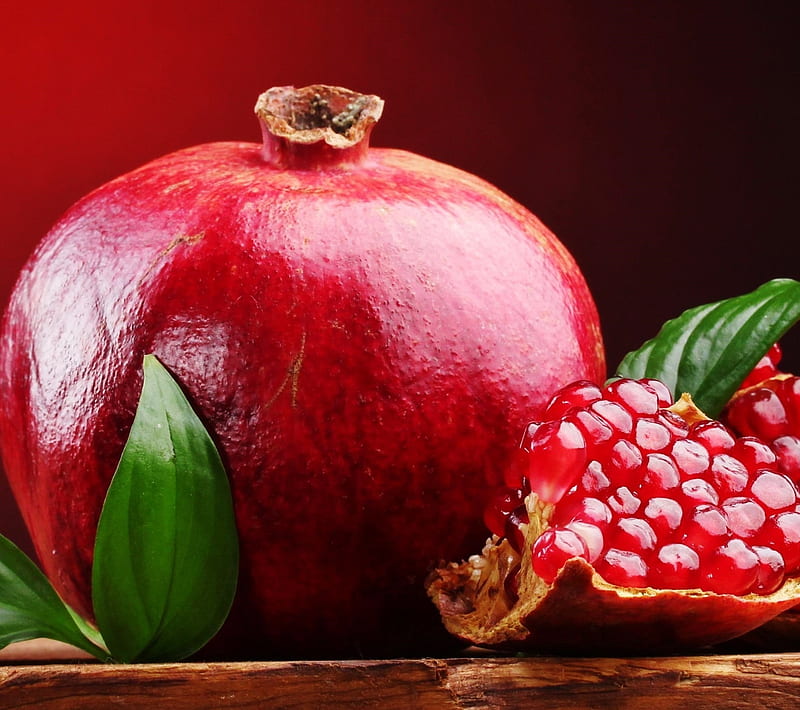 Pomegranate, fruit, leave, red, HD wallpaper