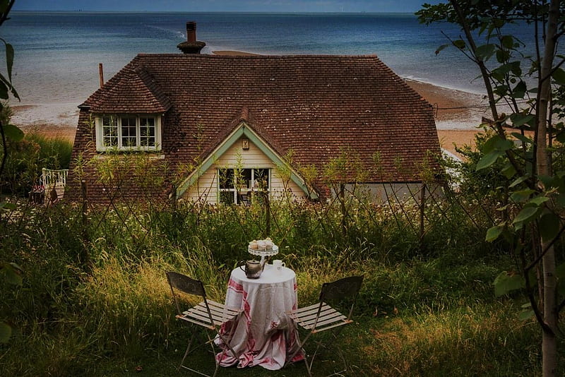 Beach House, forgotten places, seaside, cottages, teatime, HD wallpaper