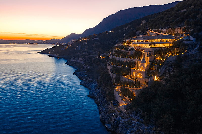 Corfu, Island, Vacation, Cliff, beach, Ocean, Holiday, Sunset, Sea, Greece, Evening, Calm, Lights, Night, HD wallpaper