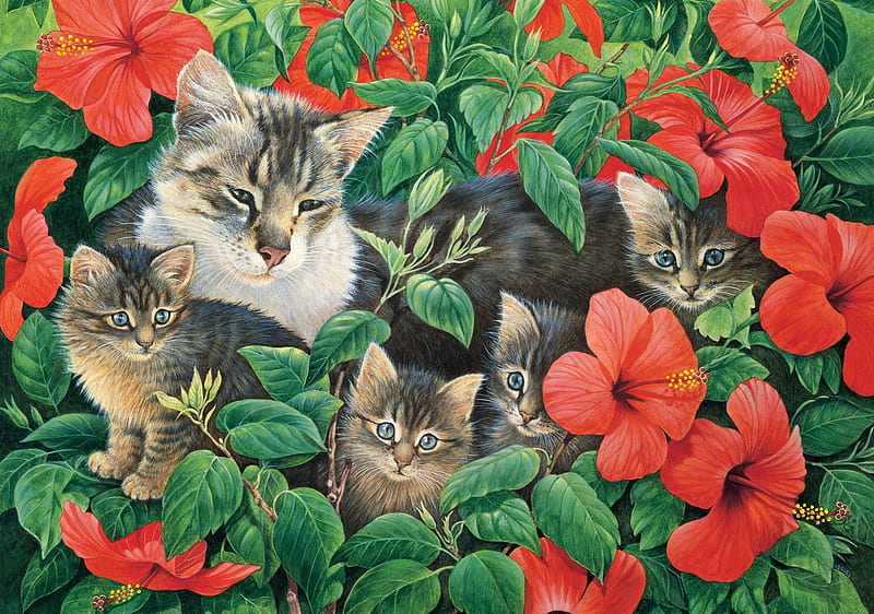 Cats in Hibiscus bush, painting, flower, pisici, cat, red, art, hibiscus, lesley anne ivory, green, kitten, pictura, HD wallpaper