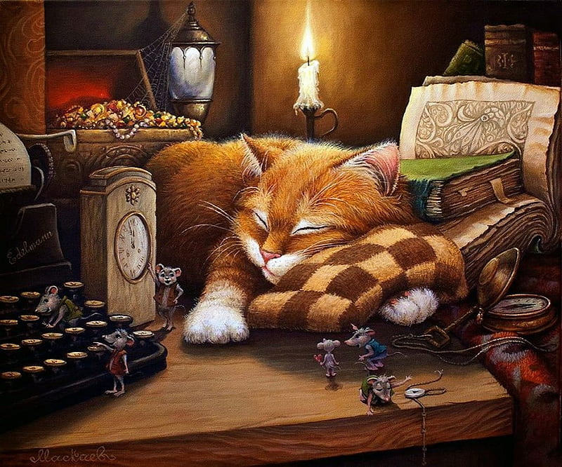А.Маскаев * For CARMEN BONILLA *While the cat sleeps the mice make party, sleep, mice, painting, cat, kitten, HD wallpaper