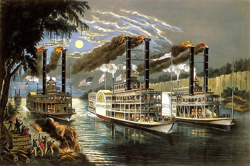Steamboat Times, evening, river, steamboats, people, painting, HD wallpaper