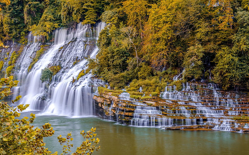 waterfall, autumn, yellow trees, autumn landscape, river, rock, autumn waterfall, HD wallpaper