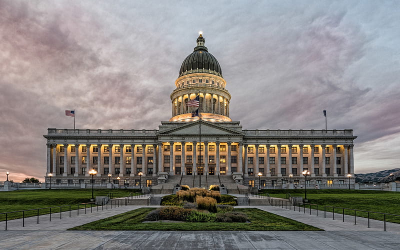 Utah State Capitol, Salt Lake City, evening, sunset, USA flag, flagpole, Utah, USA, house of government, HD wallpaper