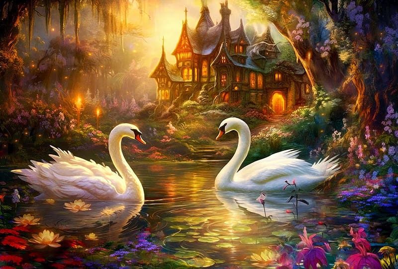Swan Song, swans, trees, painting, artwork, mystic, manor, lake, HD wallpaper