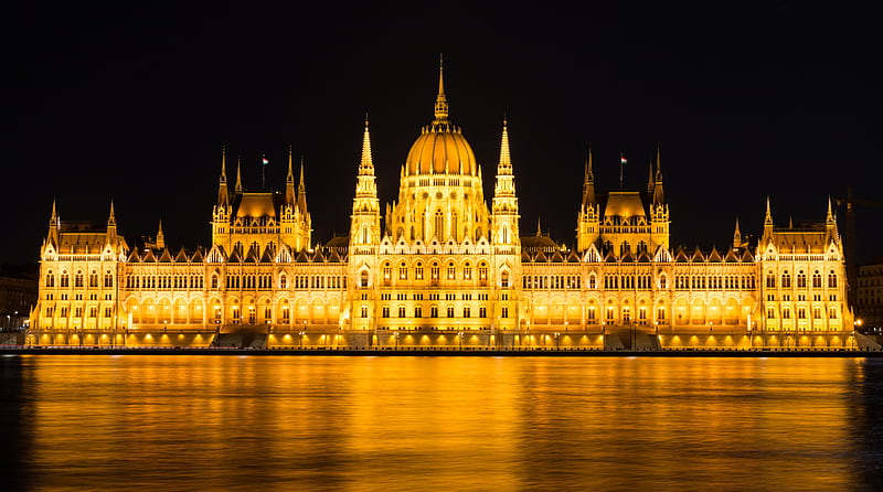 Budapest Parliament Night View Ultra, City, Europe, hungary, night, building, golden, budapest, long exposure, HD wallpaper