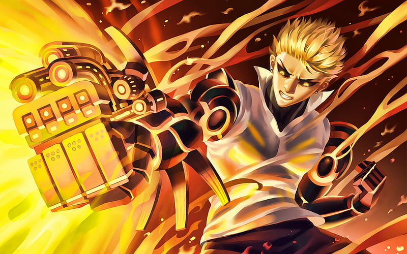 Genos, battle, manga, artwork, One-Punch Man, guy with yellow eyes, HD wallpaper