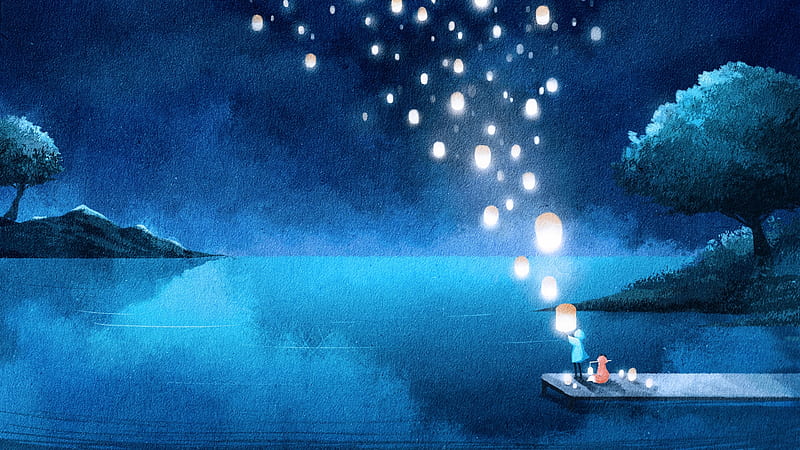 Lanterns, fantasy, water, ga nguyen, lantern, white, blue, lake, night, luminos, HD wallpaper