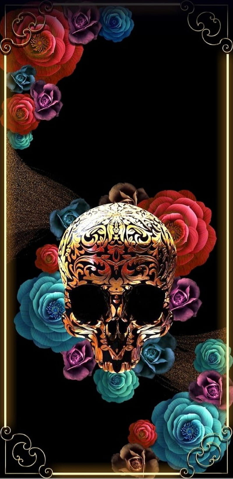 FloralGoldSkull, bonito, floral, flower, gold, golden, pretty, skull ...