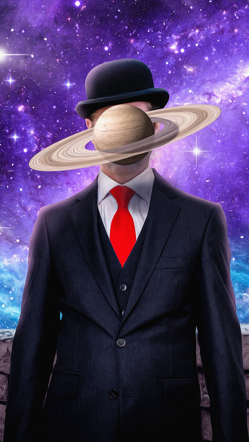 spacemagritte, Circlestances, Future, Galaxy, Magritte, Saturn, art, cosmos, hat, human, planet, purple, space, stars, surreal, surrealism, universe, HD phone wallpaper