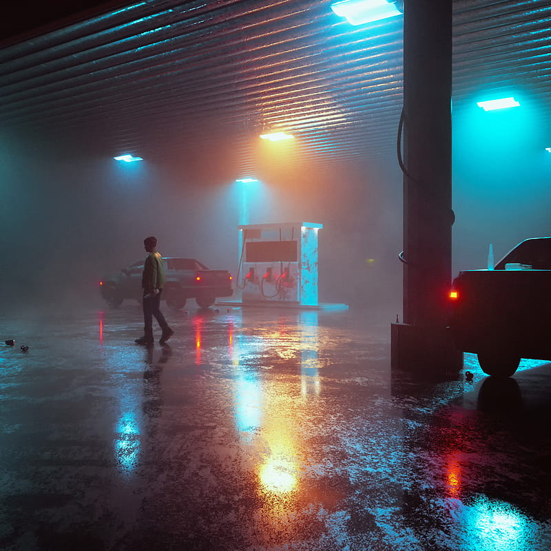 3D, render, Gas station, night, men, wet street, cyan, HD phone wallpaper