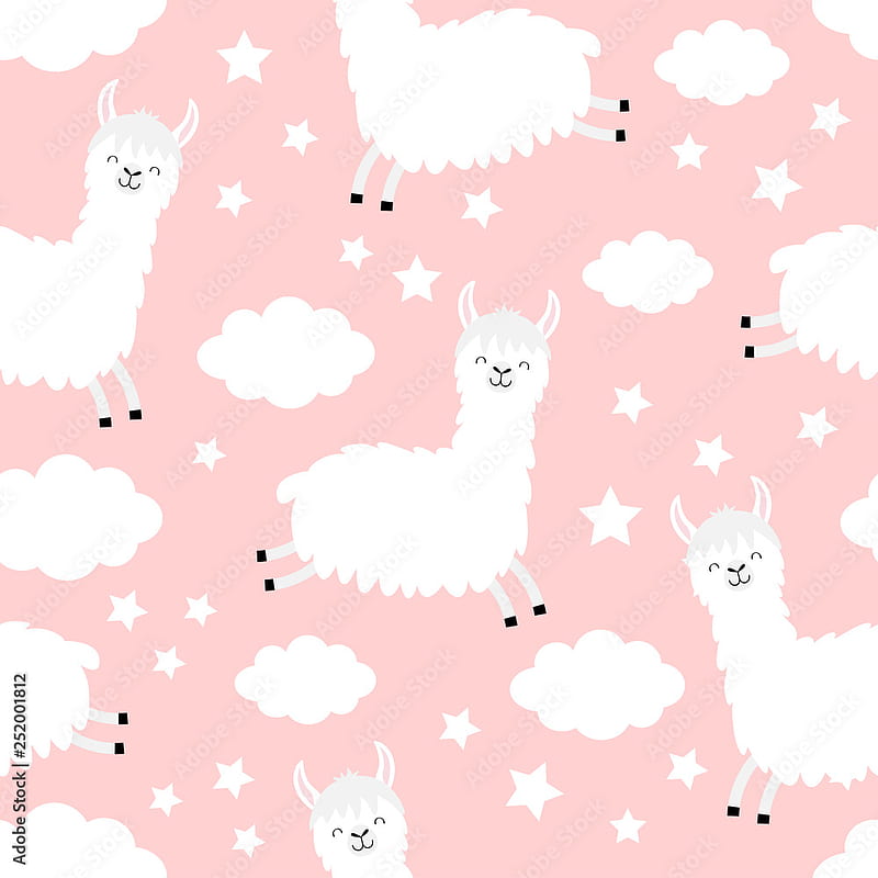 Seamless Pattern. Alpaca llama jumping. Cloud star in the sky. Cute cartoon kawaii funny smiling baby character. Wrapping paper, textile template. Nursery decoration. Pink background. Flat design Stock Vector, HD phone wallpaper