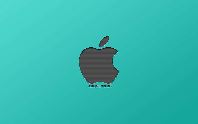 Apple, logo, turquoise background, stylish art, pressed metallic gray logo, emblem, Apple logo, HD wallpaper
