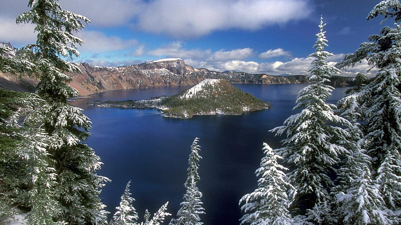 Crater Lake, Oregon, water, usa, snow, clouds, firs, winter, HD wallpaper