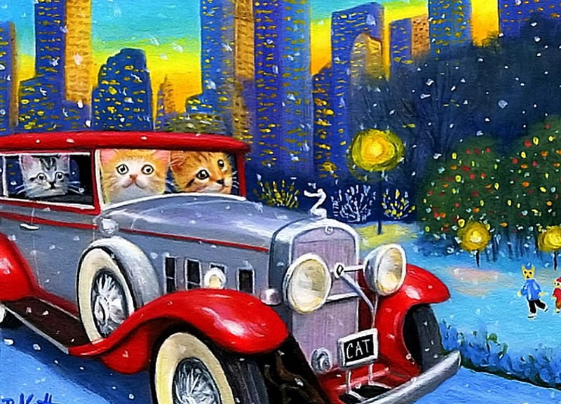 Kitty's Winter Sightseeing, city, snow, car, painting, cats, artwork, skyscrapers, HD wallpaper