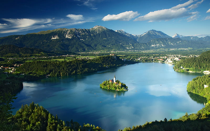 Lake Bled summer, forest, Slovenia, Europe, HD wallpaper