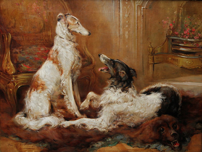 Borzoi dogs, art, borzoi, caina, painting, philip eustace stretton, pictura, couple, dog, russian wolfhound, HD wallpaper