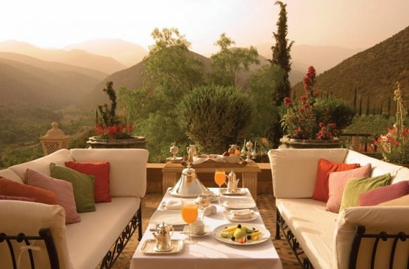 * Beautiful place for breakfast *, table, good morning, sun, juice, breakfast, new day, tress, nature, morning, pillows, HD wallpaper
