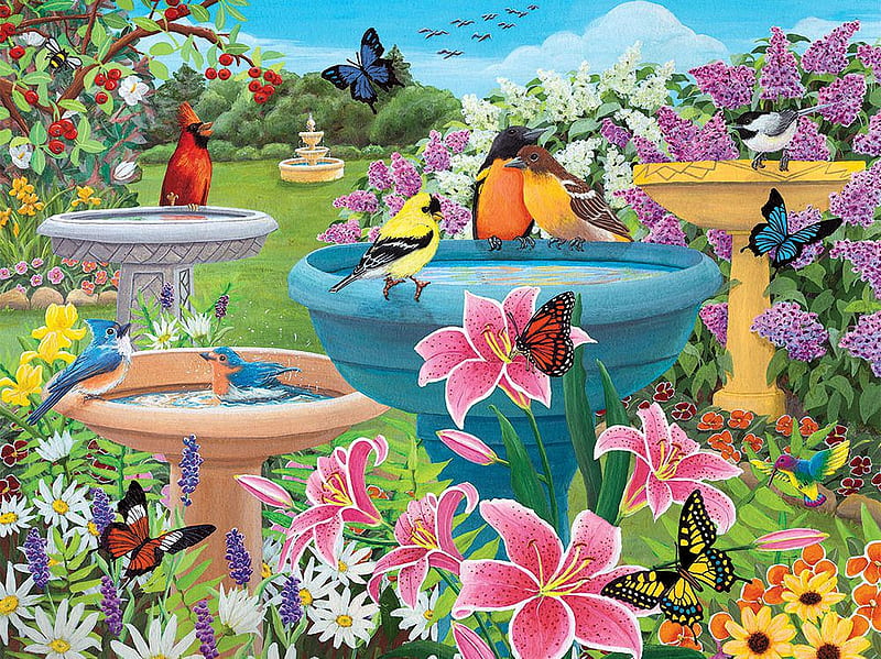 Birdbath Heaven, art, digital, birds, flowers, butterflies, spring, lilacs, HD wallpaper