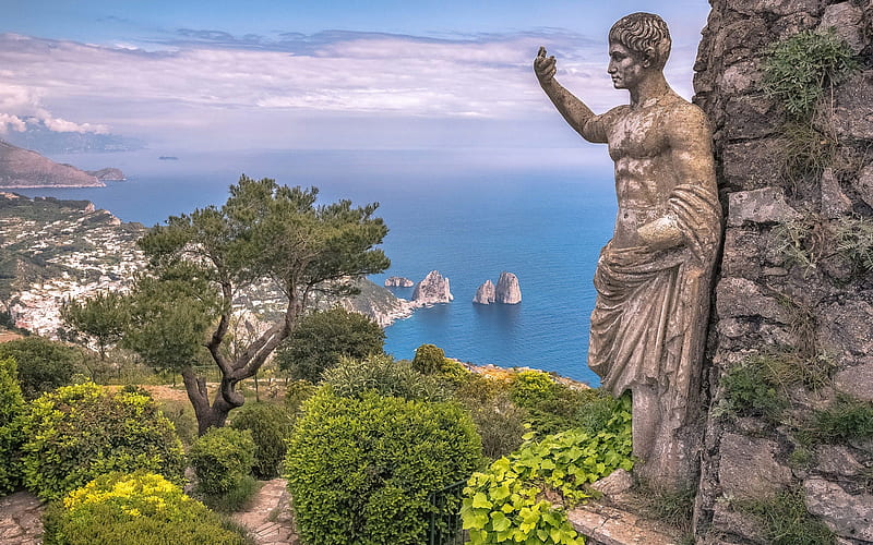 sculpture, mountains, seascape, Mediterranean, Capri, Italy, HD wallpaper