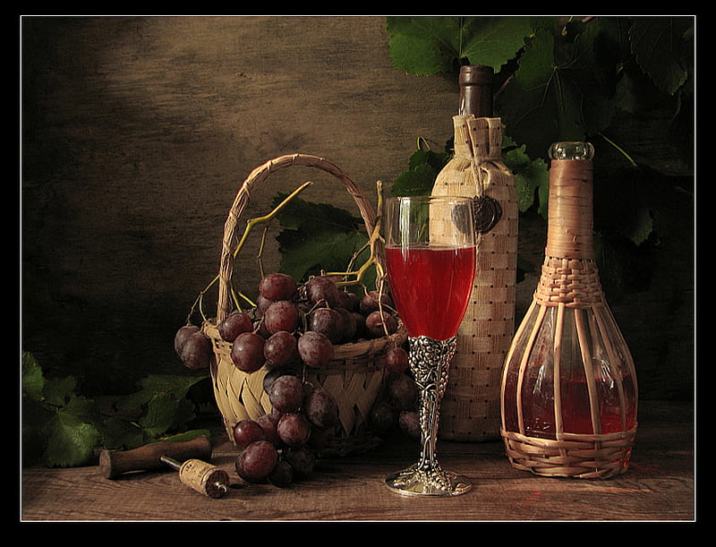 still life, wine, silver, grapes, glass, leaves, graphy, basket, beauty, drink, bottles, harmony, HD wallpaper