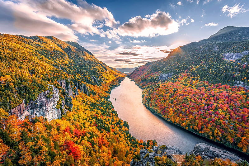 Peak fall colors in the Adirondack Mountains, NY, fall, forest, leaves, colors, river, clouds, sky, trees, HD wallpaper