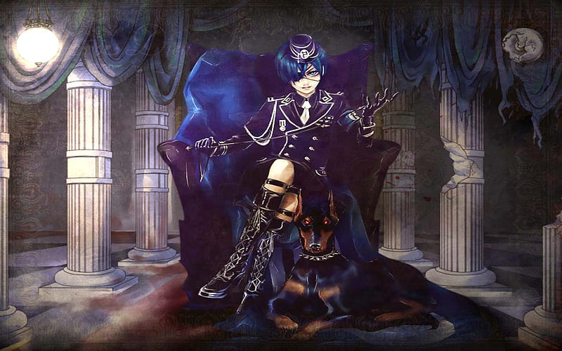 I am King, king, male, kuroshitsuji, anime, chair, ciel, room, dog