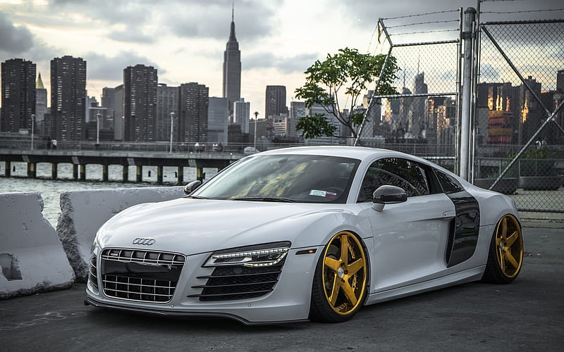 Audi R8, supercars, white r8, cityscapes, tuning, Audi, HD wallpaper