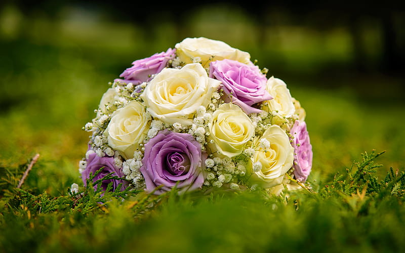 wedding bouquet, purple roses, yellow roses, bridal bouquet, yellow purple bouquet, green grass, wedding concepts, HD wallpaper